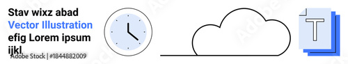 Cloud storage, time tracking, digital organization, productivity tools, data management, document sharing. A clock, cloud and layered documents. Cloud storage and time tracking concept