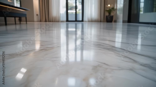 A low-angle shot showcases a highly polished marble floor reflecting natural light. The background features windows and curtains. There is also a suggestion of furniture
