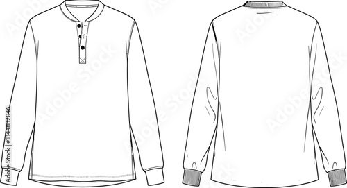 Men, long sleeve henley t shirt front and back technical outline apparel fashion design cad drawing flat vector illustration template