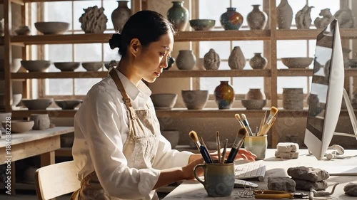 Woman working in pottery studio, surrounded by ceramic art and tools, using computer.
