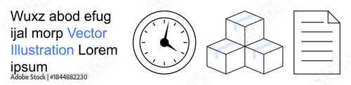 Time management, logistics, organization, workflow, planning, documentation. A clock, stacked boxes and a sheet of paper. Time management and logistics illustrated through practical icons