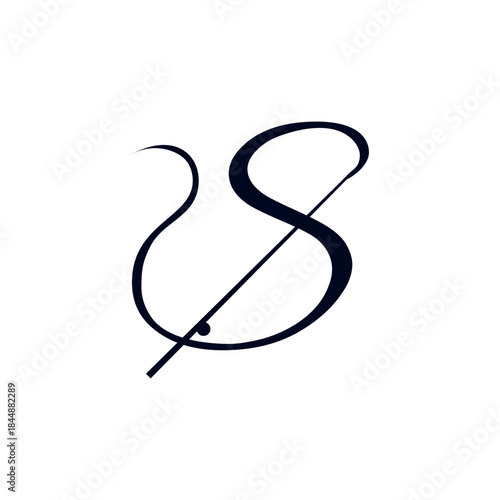 A stylized, elegant, and flowing calligraphic letter 'S' in dark blue on a white background, featuring a small dot at its base.