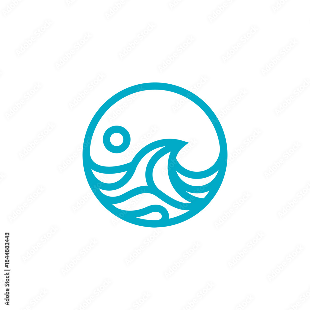 Fototapeta premium A minimalist circular logo featuring stylized blue ocean waves and a small sun or moon against a white background, representing nature and tranquility.