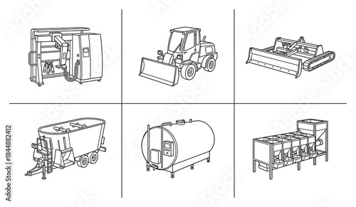Farm Equipment Illustrations: Detailed Line Art Technical Drawings Set