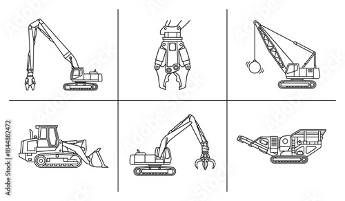 Construction Equipment Line Art: Detailed Vector Graphics of Excavators and Machinery