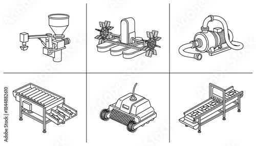 Illustrative Line Art: Assorted Industrial Machinery Depicted in Detail.