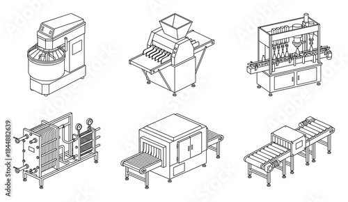 Isometric Illustration of Food Production Machines in Black Line Art.