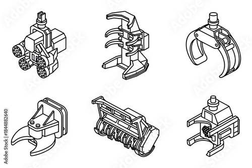 Technical Line Art Drawings of Mechanical Clamps for Engineering Designs