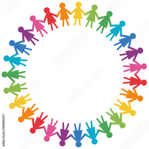 カラフルな女性シルエットが円になってつながる、多様性や協力、コミュニティを表現した明るくポジティブなデザイン。教育、企業、社会的テーマにも使いやすい汎用コンセプト素材｜女性,つながり,多様性