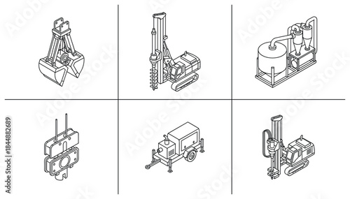 Technical Line Art Illustration of Industrial Machines and Equipment Set