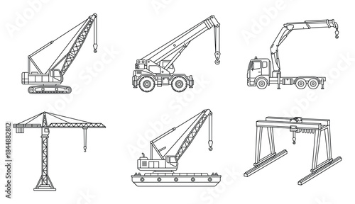 Construction Cranes Line Art: Detailed Illustration of Different Crane Types