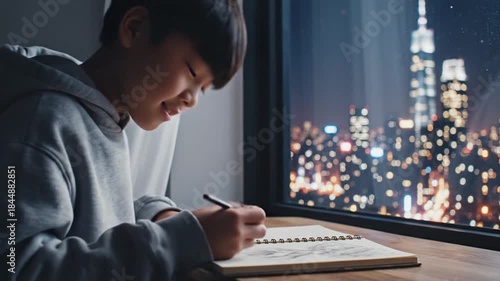 Young person writing in a notebook near a window with city lights.