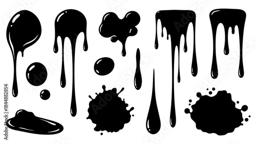 Versatile collection of black liquid drips, flowing ink splashes, and diverse paint splatters for graphic design and abstract art elements