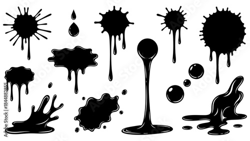 Set of diverse black ink splatters, paint drips, and liquid spills vector graphic elements for design projects and creative backgrounds