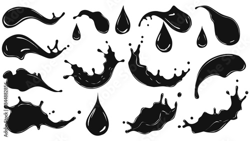 Collection of various abstract black liquid splashes, drops, and splatters design elements on a white background