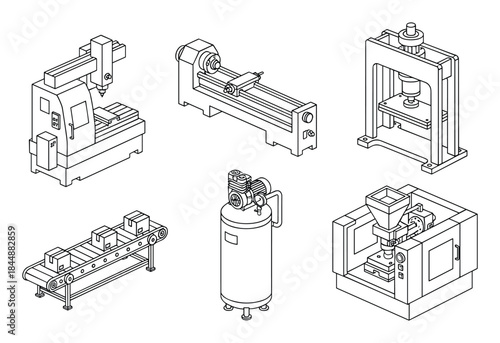 Detailed Line Art Collection of Industrial Machines and Equipment Designs
