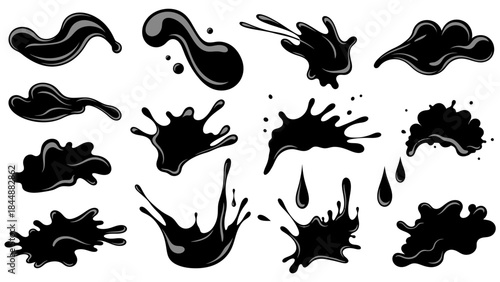 Set of black ink or paint splatters, drops, and splashes in various abstract shapes