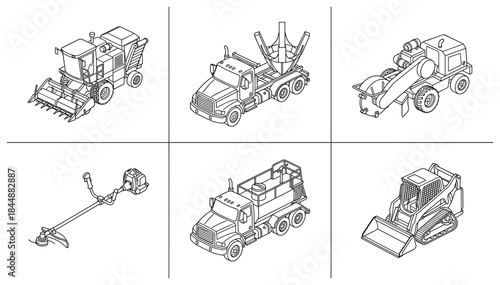 Detailed Line Art Illustration of Agricultural and Construction Vehicles