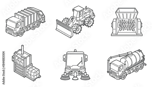 Line Art Illustration: City Service Vehicles Collection in Detailed Outline
