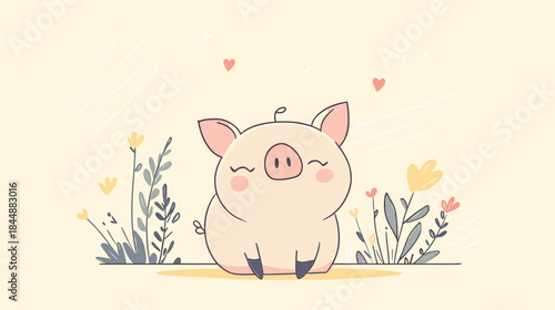 Charming Cartoon Piglet Surrounded by Flowers and Hearts.