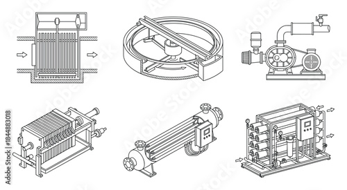 Technical Drawing Line Art: Industrial Equipment Schematics and Components