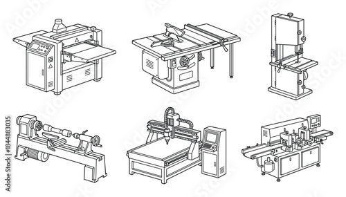 Collection of Workshop Machinery Drawings, Line Art Style Vector Illustration