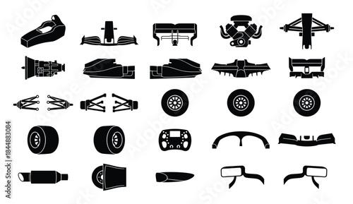 Black and White Line Art Vector Set of Racing Car Spare Components