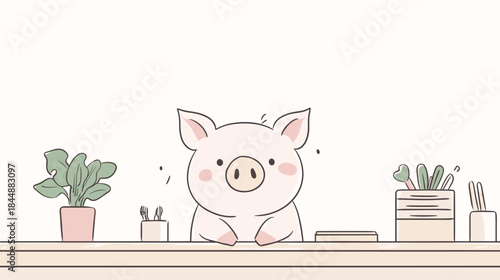 Adorable Pig Illustration at Desk - A Charming and Focused Character.