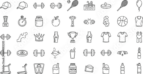 Hand Drawn Fitness and Gym Icon Set Featuring Workout Equipment and Sports Symbols Vector Illustration