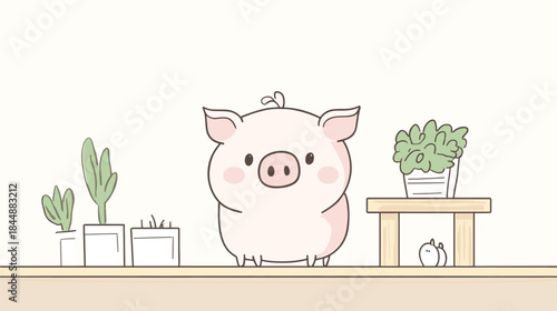 Charming Piglet Illustration with Plants and a Tiny Companion.