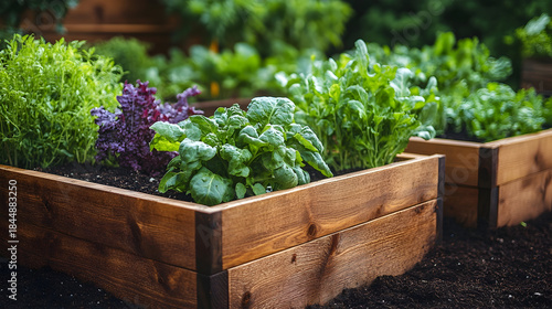 Lush green vegetable garden with wooden planters showcasing fresh herbs and leafy greens in a serene backyard