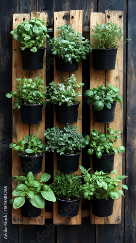 Vertical garden display featuring various herbs in black pots on a wooden wall, creating a lush, green ambiance