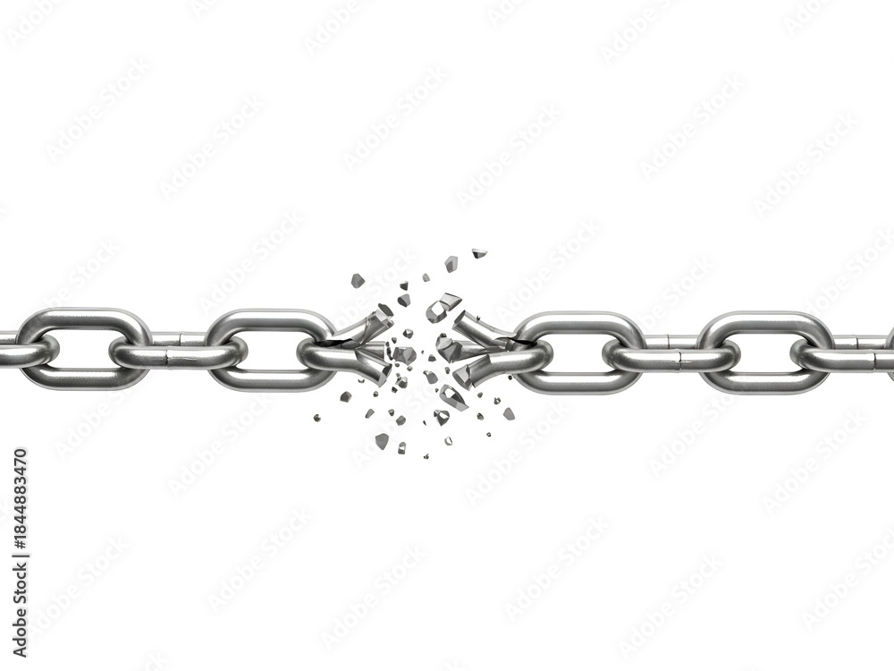 Fototapeta premium Fractured Metal Chain: Breaking Point, Weakness, Freedom, Security Breach, Disruption on white background