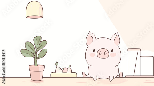 Charming Piglet Illustration with Indoor Plant and Hanging Lamp.