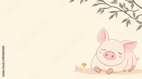 Charming Piglet Resting Under a Tree Branch Illustration.