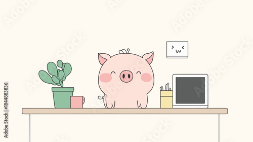 Adorable Piggy Character at Desk with Cactus and Tablet.