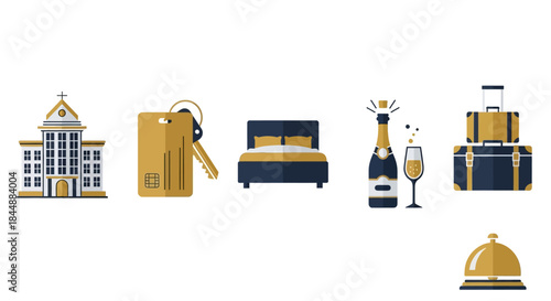 Collection of hotel and travel icons including building, key, bed, champagne, luggage on