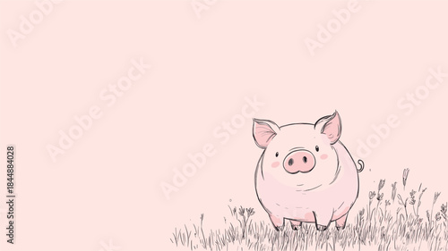 Charming Illustration of a Cute Pink Piglet in a Field.