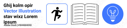 Education, innovation, fitness, creativity, progress, learning. Running stick figure, open book and lightbulb icons. Fitness and education emphasizing movement ideas and knowledge