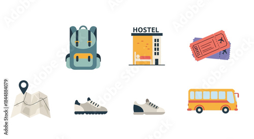 Flat lay illustration of travel icons on white background