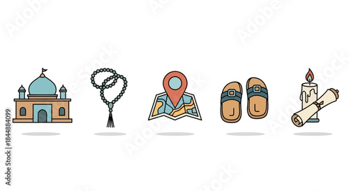 Flat lay of five colorful travel icons on a white background.
