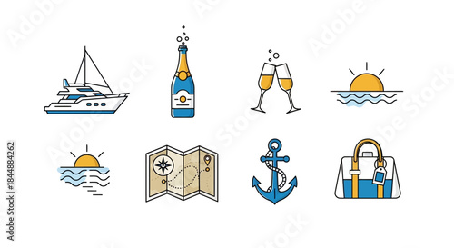 Flat lay of various nautical and vacation icons on a white background.