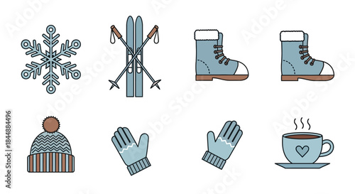 Flat lay of winter sports and clothing icons on a white background.