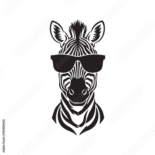 Cool Zebra Wearing Sunglasses. A funky black and white graphic icon of a stylized African animal. Vector stencil for a t-shirt print, logo, or modern mascot design

