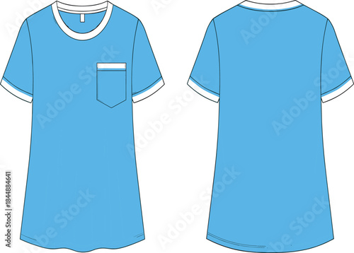 Blue Women's Ringer T-Shirt Vector Technical Fashion Flat Sketch CAD Drawing with Chest Pocket and White Trim, Apparel Mockup Template, Front and Back View