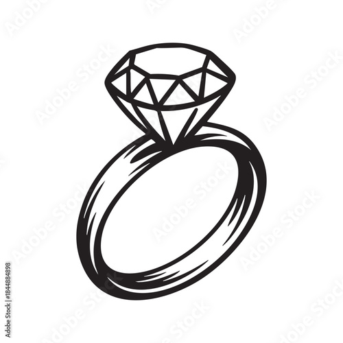 Hand Drawn Diamond Ring Black and White Outline Vector Design