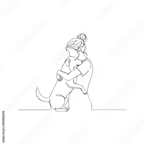 Continuous one line drawing of a woman hugging a dog. Minimalist vector illustration of a girl embracing her pet with love. Abstract sketch design symbolizing friendship and loyalty.
