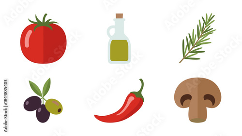 Assorted fresh produce and cooking ingredients including tomato olives olive oil rosemary mushroom and chili peppers arranged for photography.