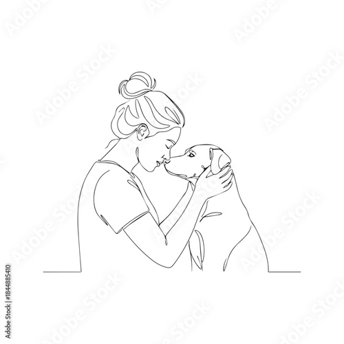 Continuous one line drawing of a woman hugging a dog. Minimalist vector illustration of a girl embracing her pet with love. Abstract sketch design symbolizing friendship and loyalty.
