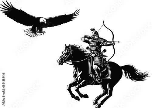 Dynamic black and white vector illustration of mounted Asian nomadic warrior archer shooting arrow while eagle soars above, historical, military, wildlife, action, drawing.